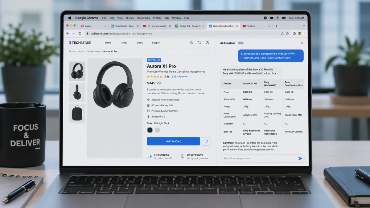 A laptop on a desk showing Google Chrome in split-screen mode with a webpage on one side and an AI assistant panel on the other.
