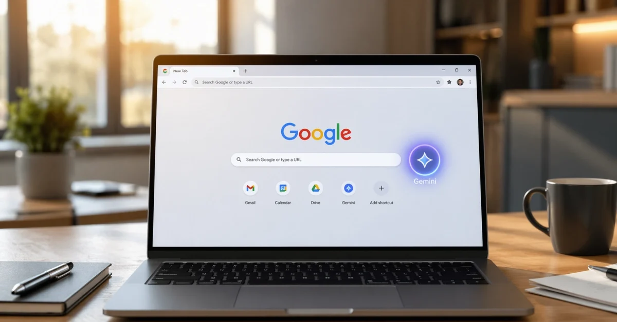 A modern laptop on a well-lit office desk displaying the Google Chrome browser with a glowing AI icon, representing the new Gemini AI Skills feature.