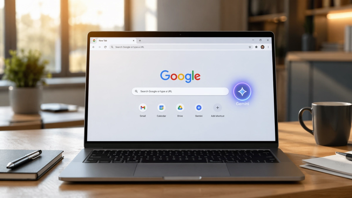A modern laptop on a well-lit office desk displaying the Google Chrome browser with a glowing AI icon, representing the new Gemini AI Skills feature.