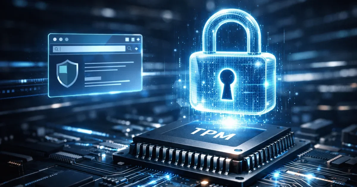 A glowing digital padlock and web browser window secured above a computer microchip, representing Google Chrome's hardware-bound cookie protection.