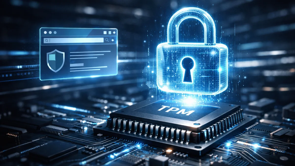 A glowing digital padlock and web browser window secured above a computer microchip, representing Google Chrome's hardware-bound cookie protection.