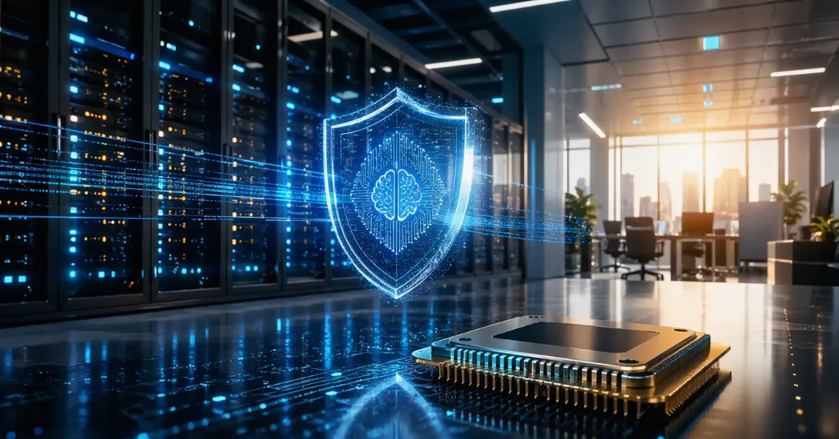 A glowing computer processor chip and digital data streams representing new enterprise AI innovations in a modern corporate office setting.