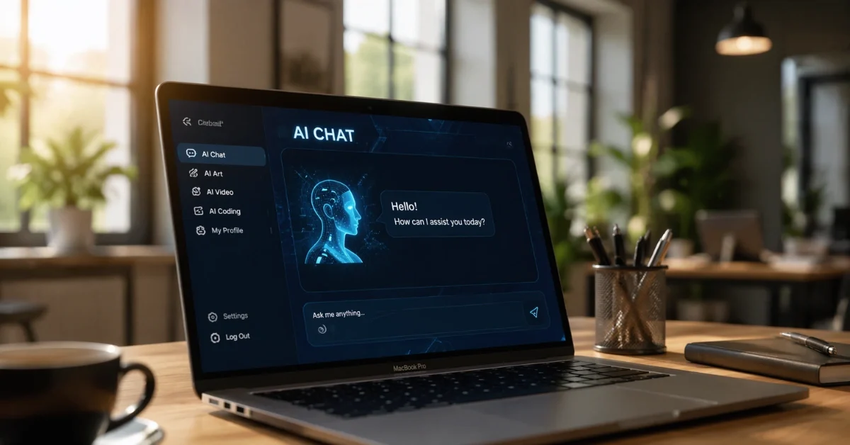 A sleek Apple MacBook displaying a modern artificial intelligence chat interface in a brightly lit professional office setting.
