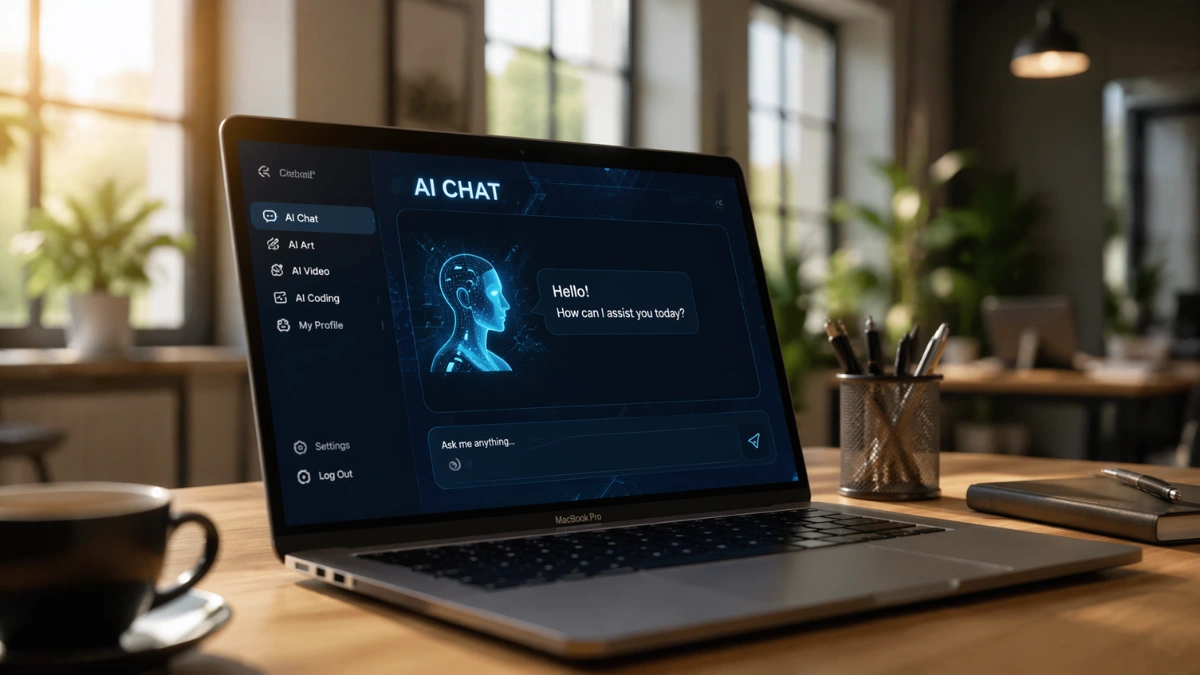 A sleek Apple MacBook displaying a modern artificial intelligence chat interface in a brightly lit professional office setting.