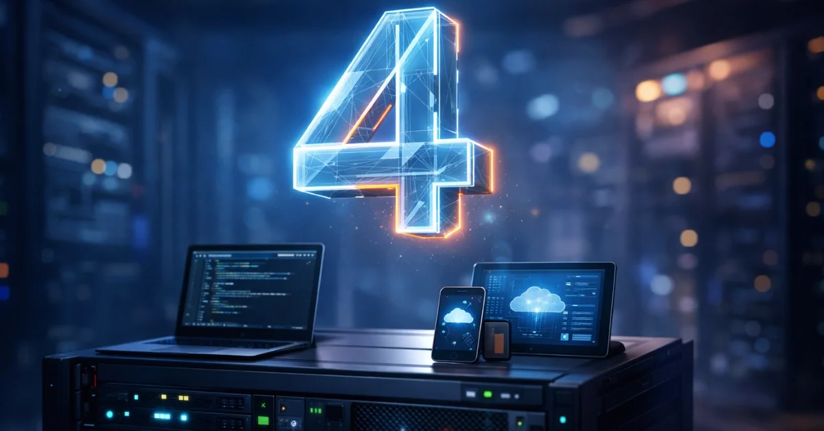 A glowing geometric number 4 floats above mobile devices and a server rack in a modern, high-tech environment with blue lighting.