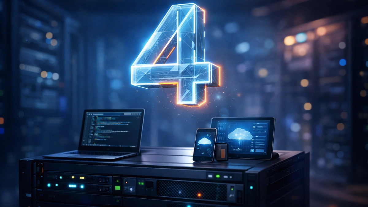 A glowing geometric number 4 floats above mobile devices and a server rack in a modern, high-tech environment with blue lighting.