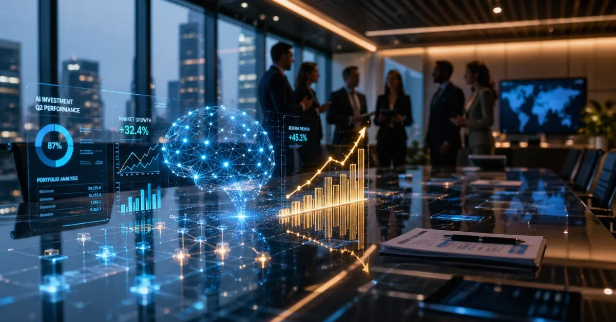 A sleek modern glass table showing glowing digital holograms of data nodes and financial charts representing corporate technology investments.