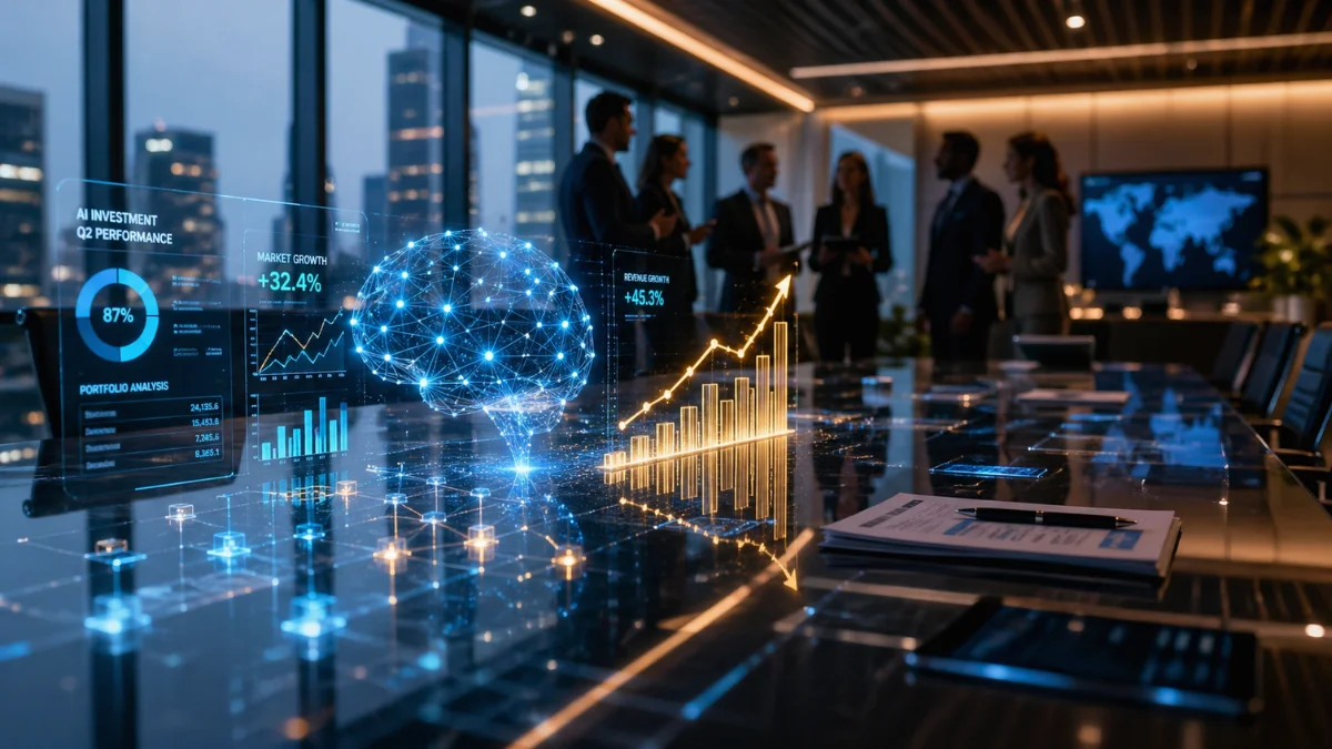 A sleek modern glass table showing glowing digital holograms of data nodes and financial charts representing corporate technology investments.