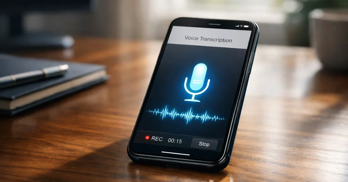A modern smartphone displaying a voice dictation interface on a sleek wooden desk in a well-lit professional workspace.