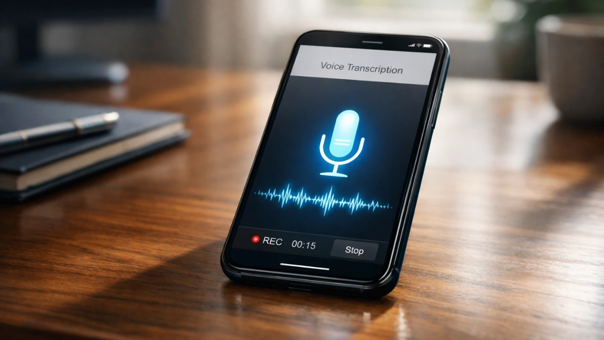 A modern smartphone displaying a voice dictation interface on a sleek wooden desk in a well-lit professional workspace.