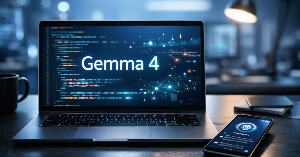 A modern developer workspace featuring a laptop displaying code and Gemma 4 text alongside an Android smartphone, representing Google's new open AI model.
