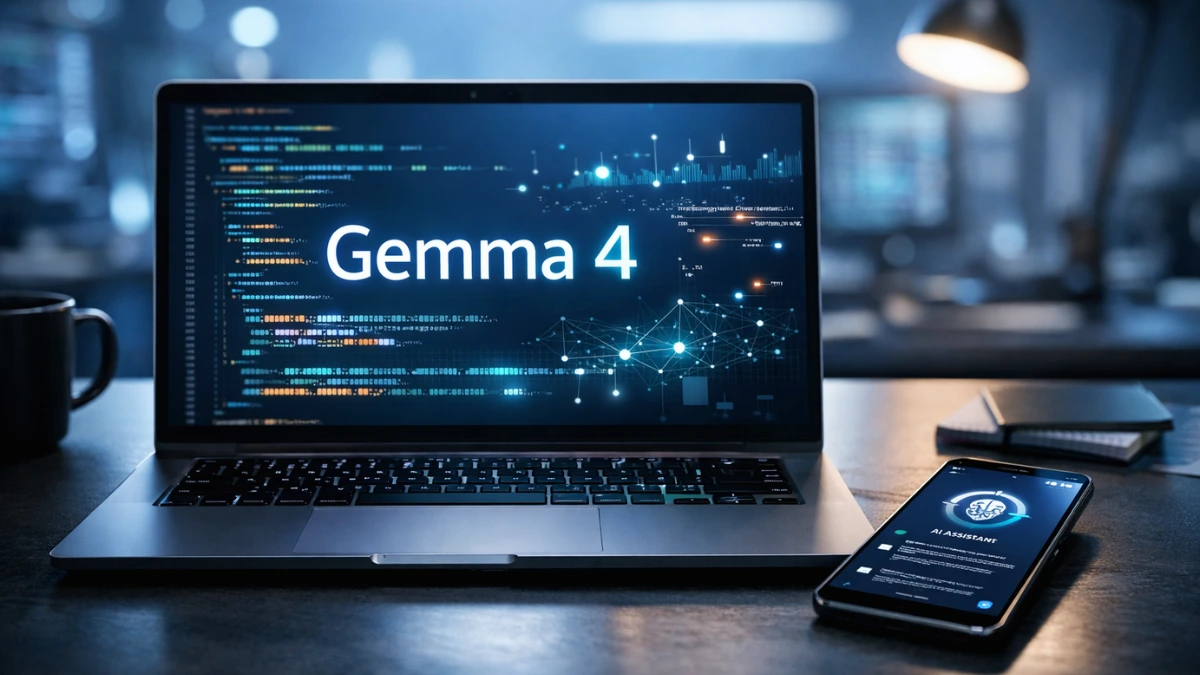 A modern developer workspace featuring a laptop displaying code and Gemma 4 text alongside an Android smartphone, representing Google's new open AI model.
