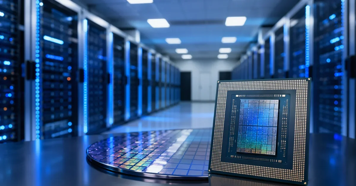 News-style image of a data center with server racks and a semiconductor chip and wafer in the foreground.