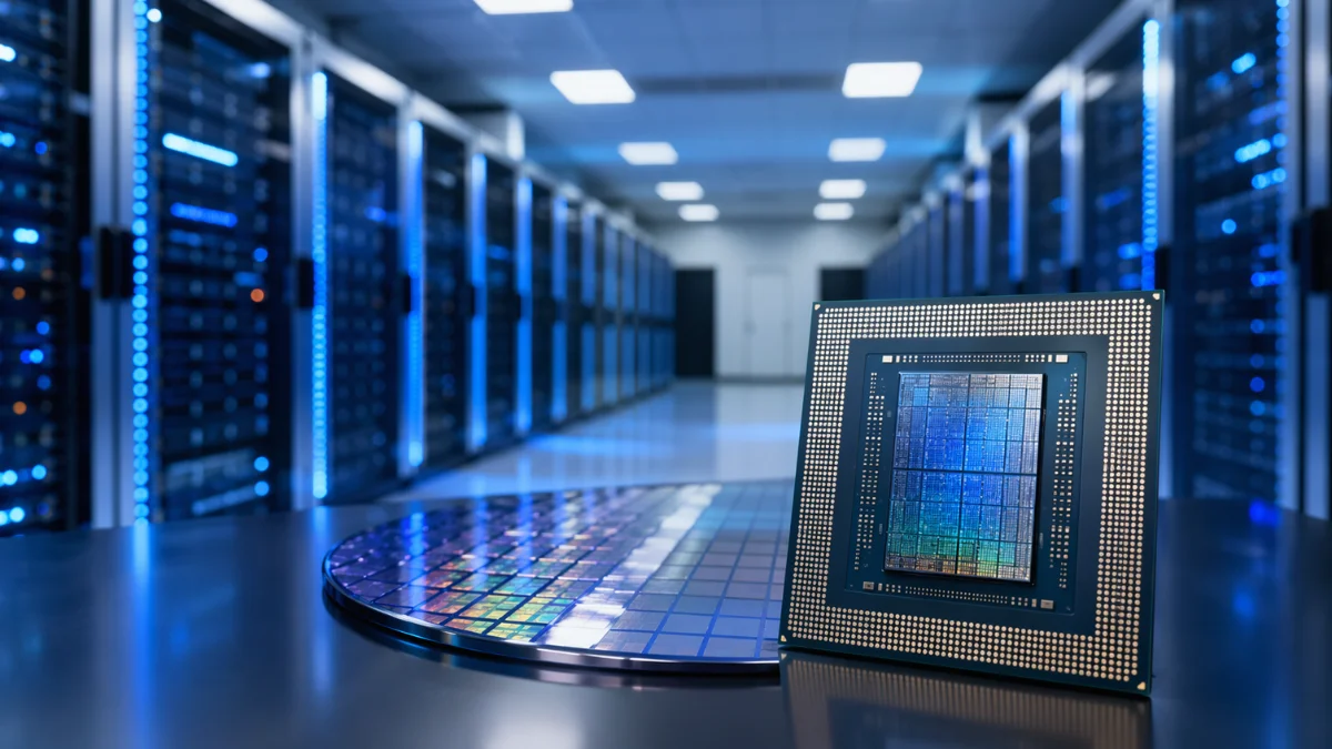 News-style image of a data center with server racks and a semiconductor chip and wafer in the foreground.