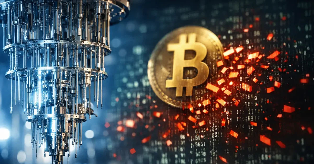 A glowing quantum computer core surrounded by floating digital code and a Bitcoin logo breaking apart, representing the Google quantum computing warning about encryption risks.