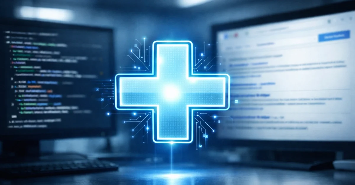 A glowing digital medical cross displayed over a blurred computer screen showing search results, representing the intersection of artificial intelligence and healthcare information.