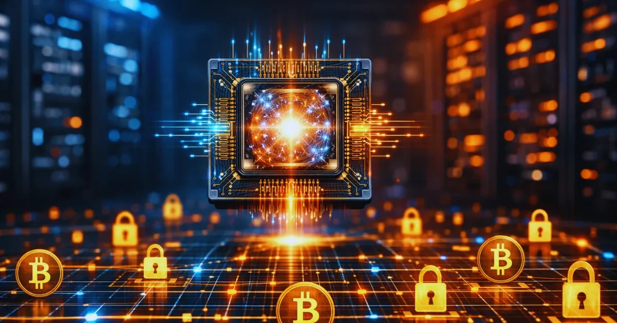 A glowing quantum processor suspended over a digital network grid of Bitcoin symbols and padlocks in a high-tech server room.