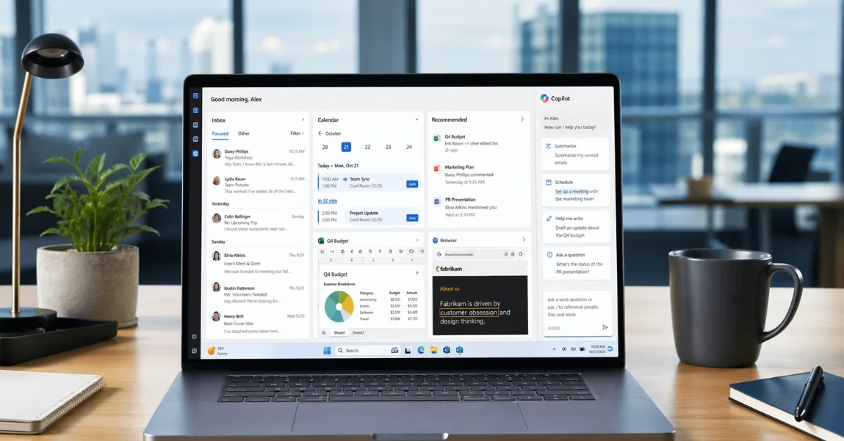 A modern office desk with a laptop showing workplace productivity apps and an AI assistant panel in a bright corporate setting.