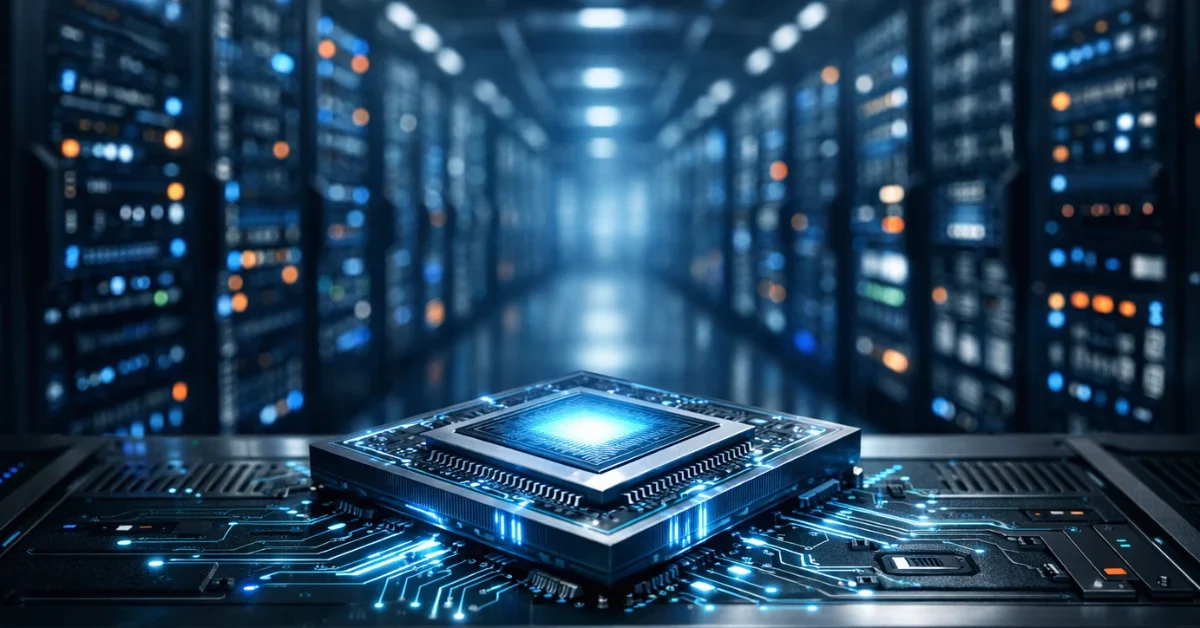 A glowing silicon microchip resting on a server rack inside a modern, high-tech data center with dramatic blue lighting.