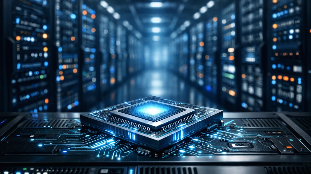 A glowing silicon microchip resting on a server rack inside a modern, high-tech data center with dramatic blue lighting.