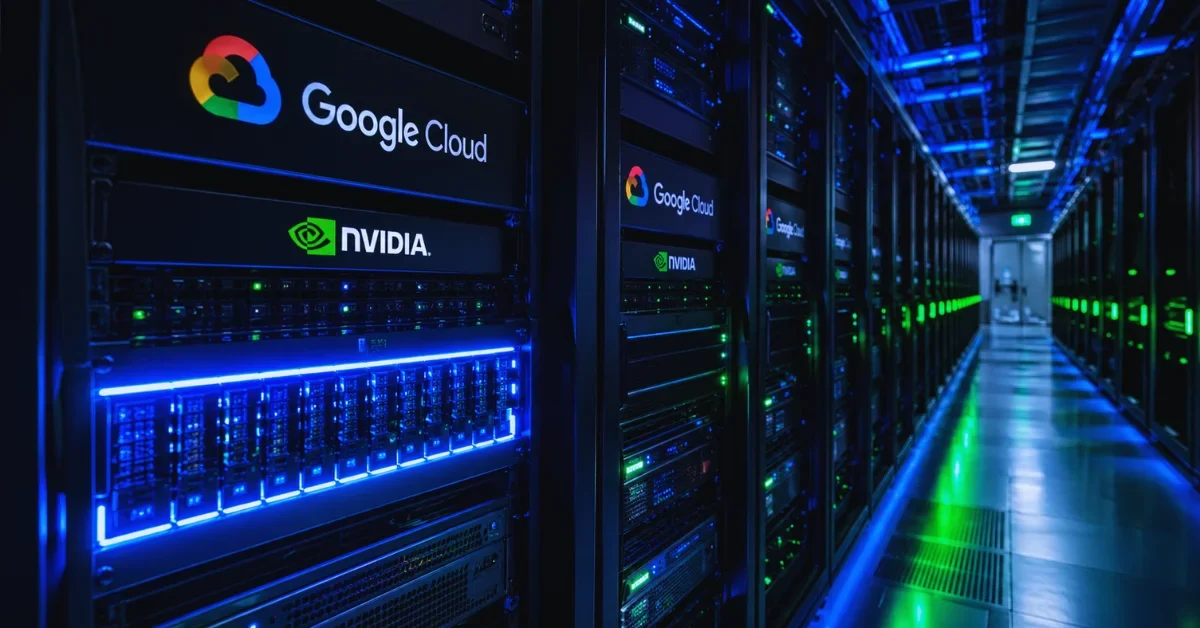 Advanced Google Cloud and NVIDIA server racks glowing with blue and green lights inside a modern, high-performance data center.