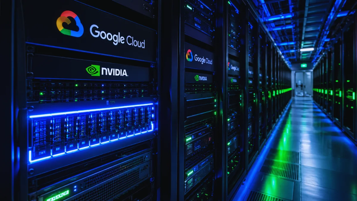 Advanced Google Cloud and NVIDIA server racks glowing with blue and green lights inside a modern, high-performance data center.