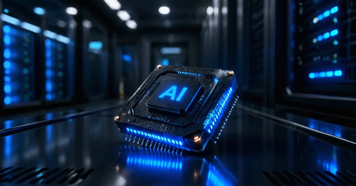 A glowing artificial intelligence microchip resting on a server rack inside a modern, softly lit data center.