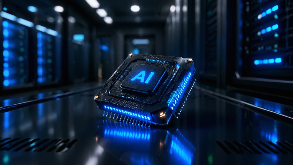 A glowing artificial intelligence microchip resting on a server rack inside a modern, softly lit data center.