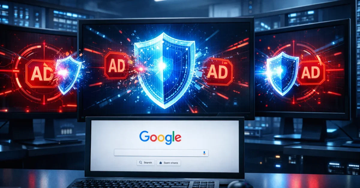 A digital control room with multiple screens showing AI-powered systems intercepting and blocking malicious red advertisement icons, representing Google's Gemini AI enforcing ad safety policies in 2025.