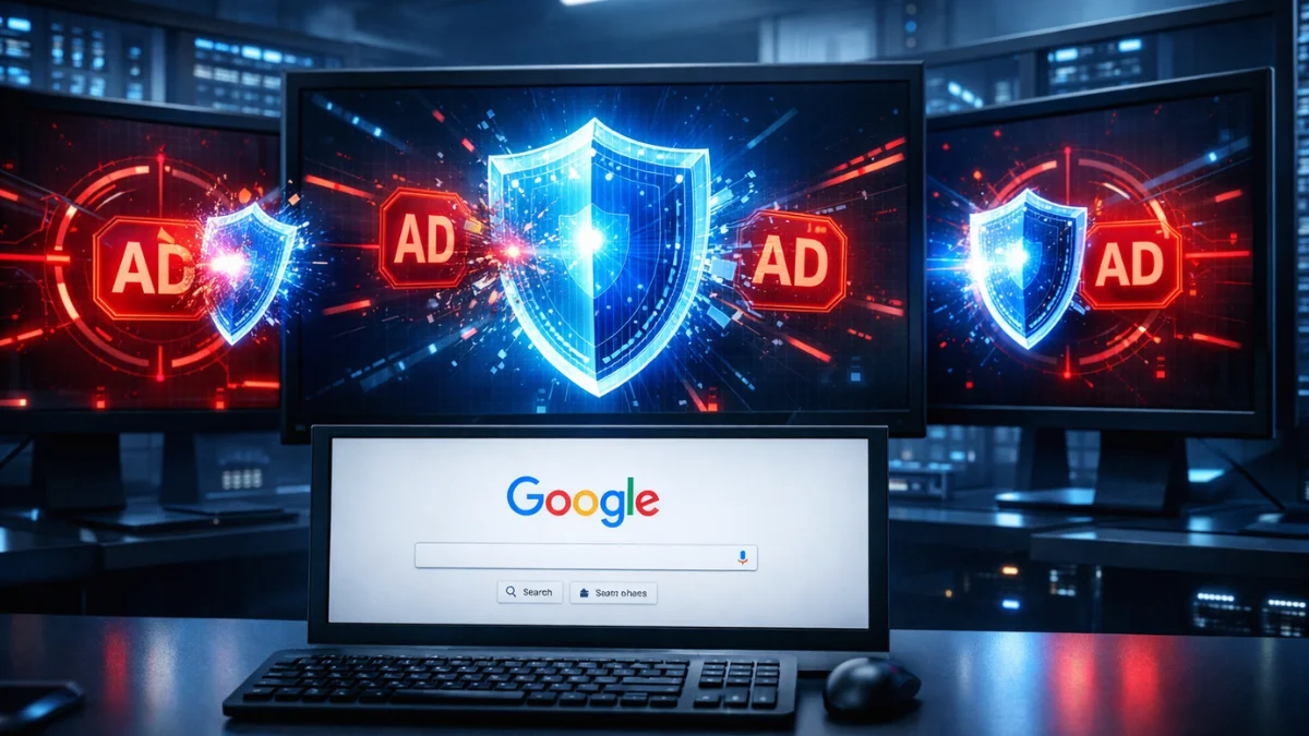 A digital control room with multiple screens showing AI-powered systems intercepting and blocking malicious red advertisement icons, representing Google's Gemini AI enforcing ad safety policies in 2025.