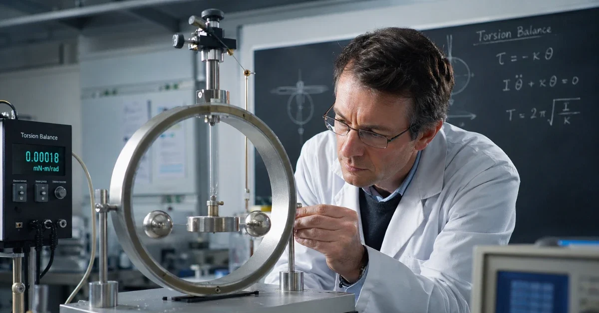 Physicist examining a torsion balance setup with metal masses and precision instruments inside a laboratory.