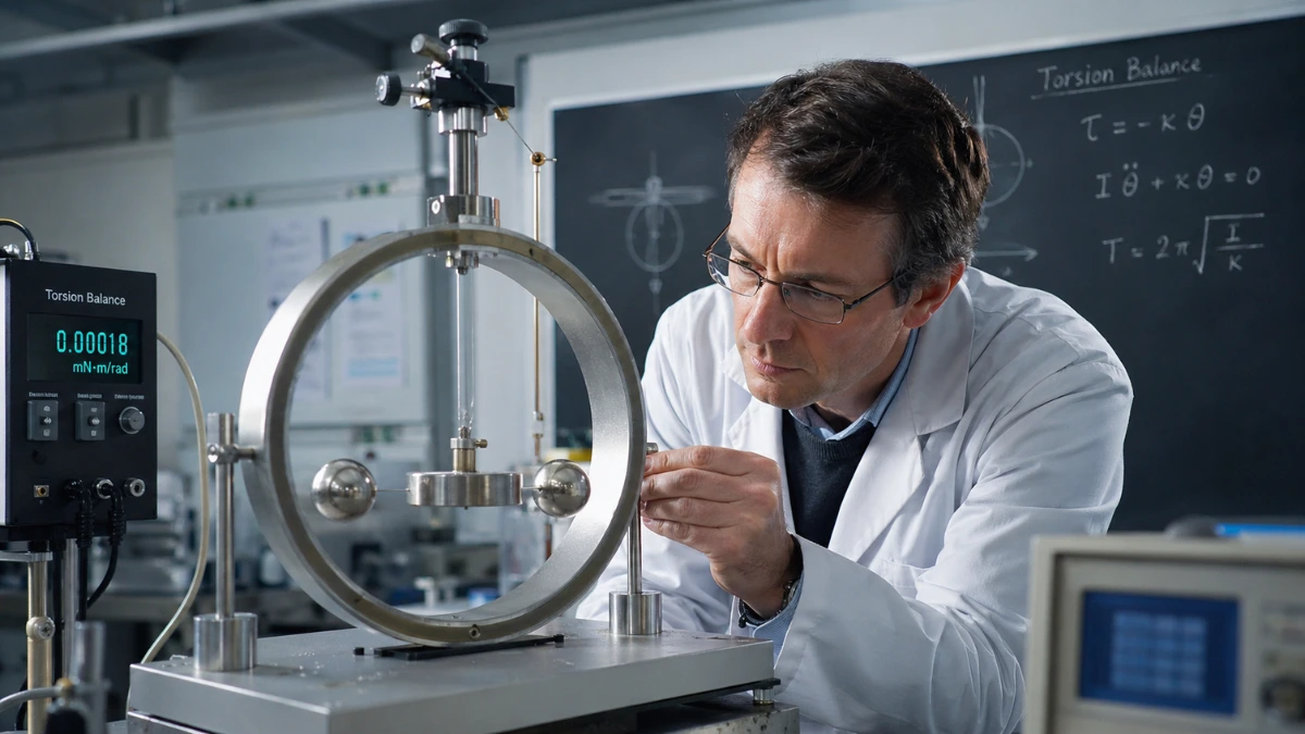 Physicist examining a torsion balance setup with metal masses and precision instruments inside a laboratory.
