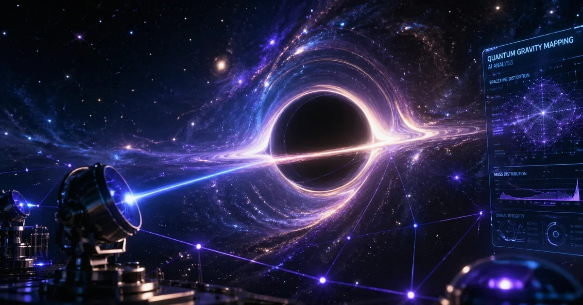 A glowing web of light bends around a dark celestial sphere in space, representing gravitational lensing and modern physics breakthroughs.