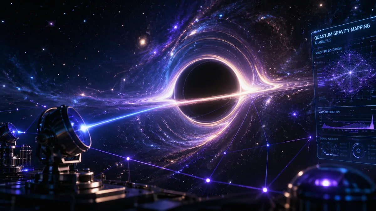 A glowing web of light bends around a dark celestial sphere in space, representing gravitational lensing and modern physics breakthroughs.