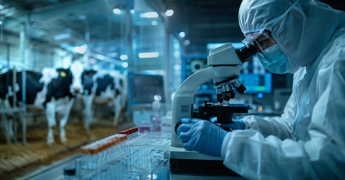 A medical researcher in protective gear examining samples under a microscope with a softly blurred dairy farm in the background, representing the study of H5N1 bird flu.
