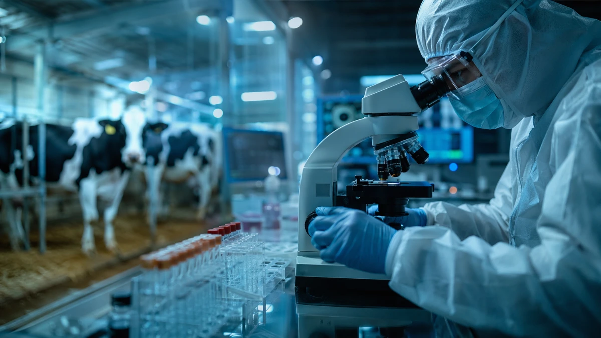 A medical researcher in protective gear examining samples under a microscope with a softly blurred dairy farm in the background, representing the study of H5N1 bird flu.