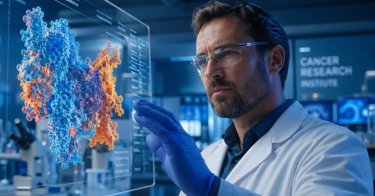 A scientist in a white lab coat examines a glowing 3D protein molecular model in a modern cancer research laboratory, representing the discovery of the HOXD13 molecule's role in driving melanoma skin cancer growth and immune evasion.
