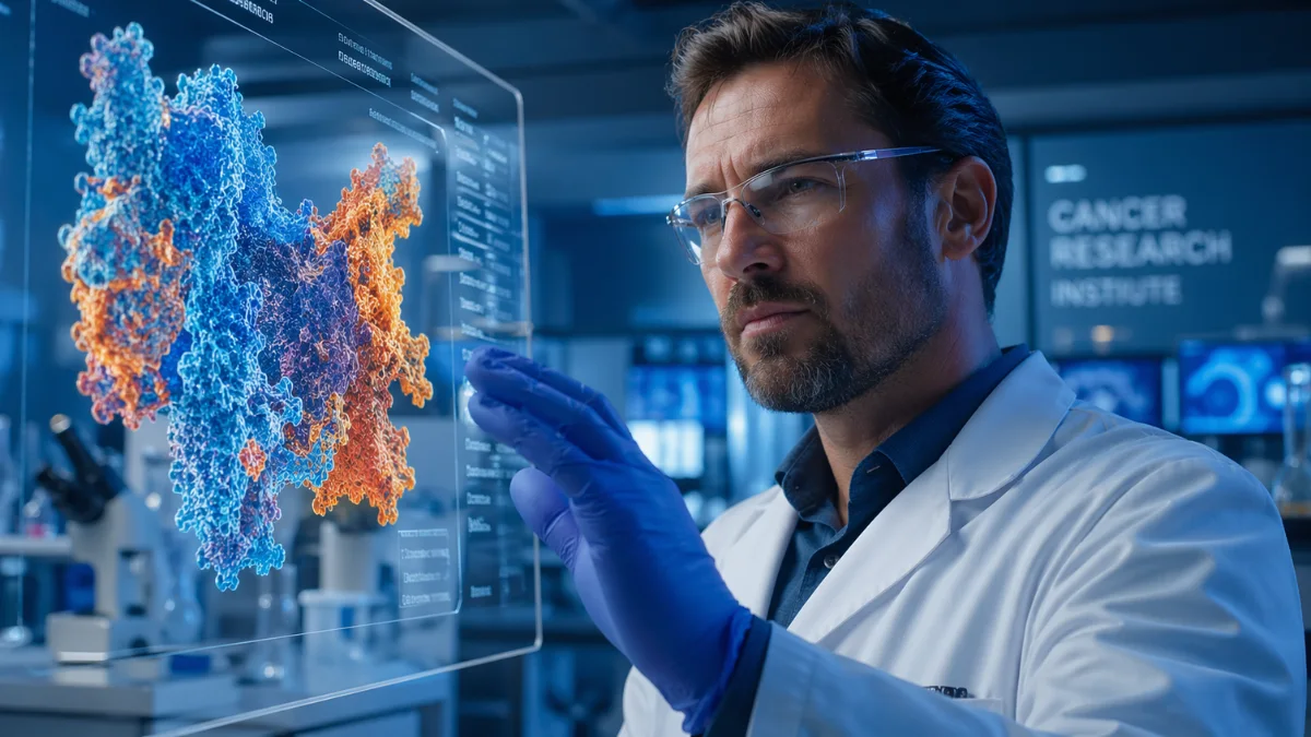 A scientist in a white lab coat examines a glowing 3D protein molecular model in a modern cancer research laboratory, representing the discovery of the HOXD13 molecule's role in driving melanoma skin cancer growth and immune evasion.