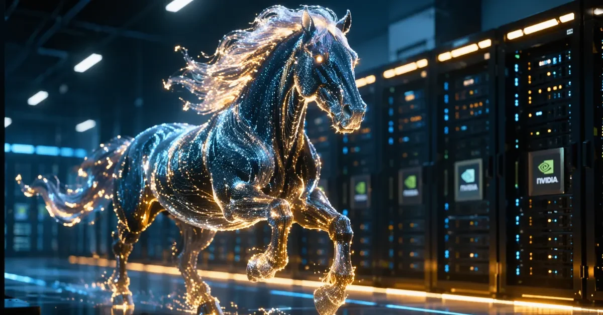A glowing digital horse made of data streams galloping in a high-tech server room, representing Alibaba's HappyHorse AI video model.
