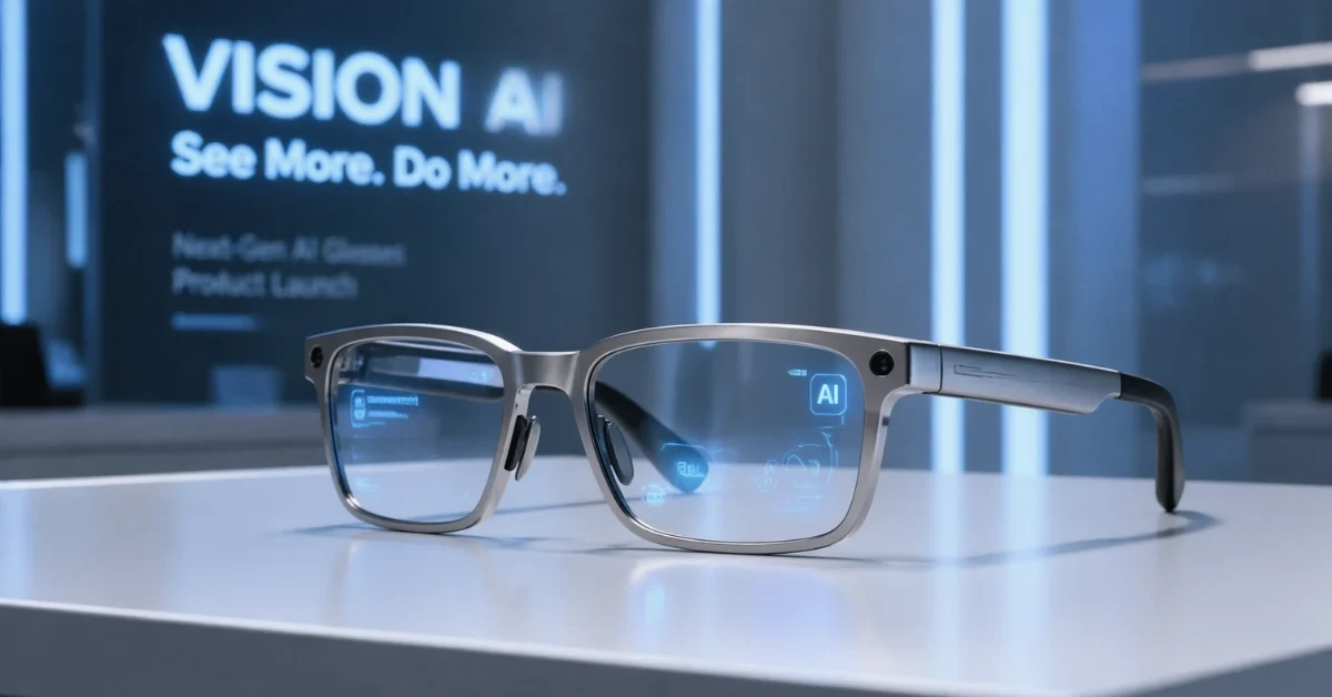 Huawei AI Glasses with a titanium frame displayed on a modern white surface with soft blue ambient lighting at a product launch setting