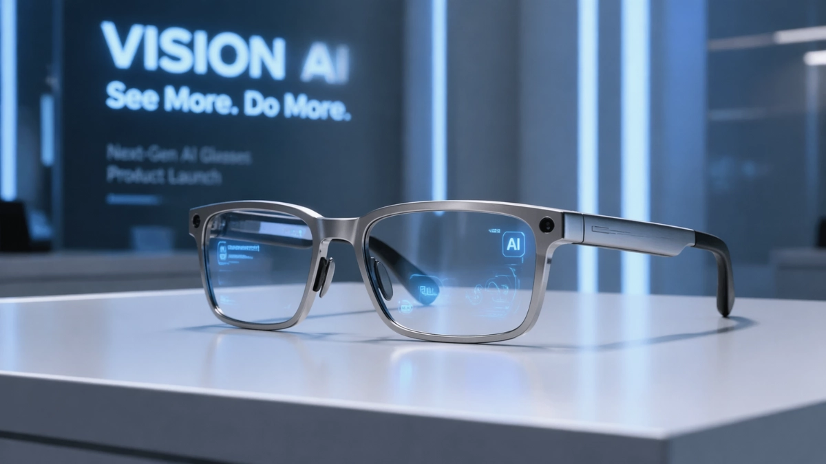 Huawei AI Glasses with a titanium frame displayed on a modern white surface with soft blue ambient lighting at a product launch setting