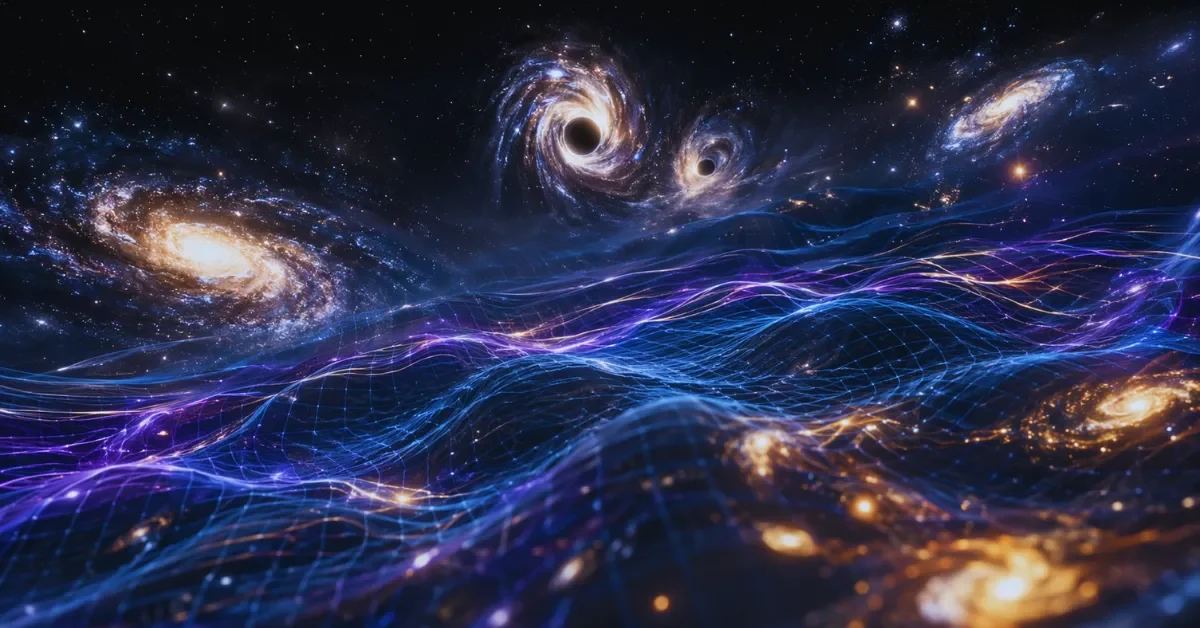 Abstract representation of the expanding universe featuring glowing spacetime ripples and distant galaxies illustrating the Hubble tension.
