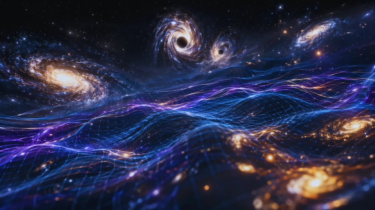 Abstract representation of the expanding universe featuring glowing spacetime ripples and distant galaxies illustrating the Hubble tension.
