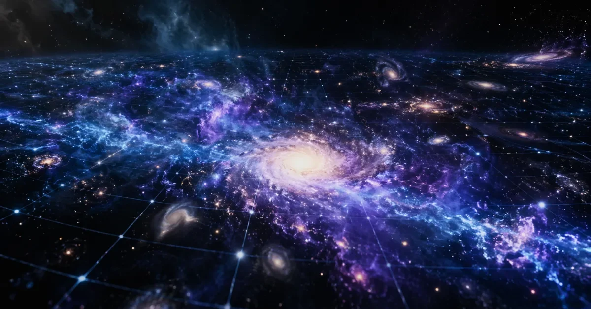 A vibrant network of galaxies and stars in deep space, illustrating the measurement of cosmic distances and the expansion of the universe.