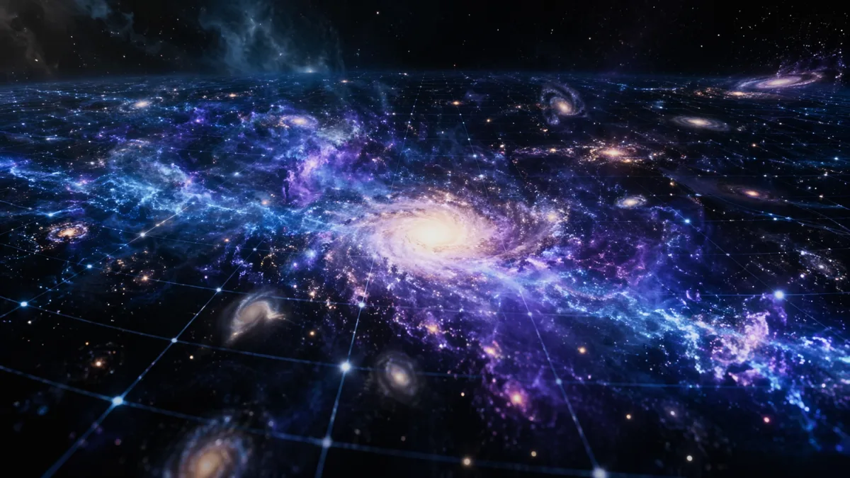 A vibrant network of galaxies and stars in deep space, illustrating the measurement of cosmic distances and the expansion of the universe.