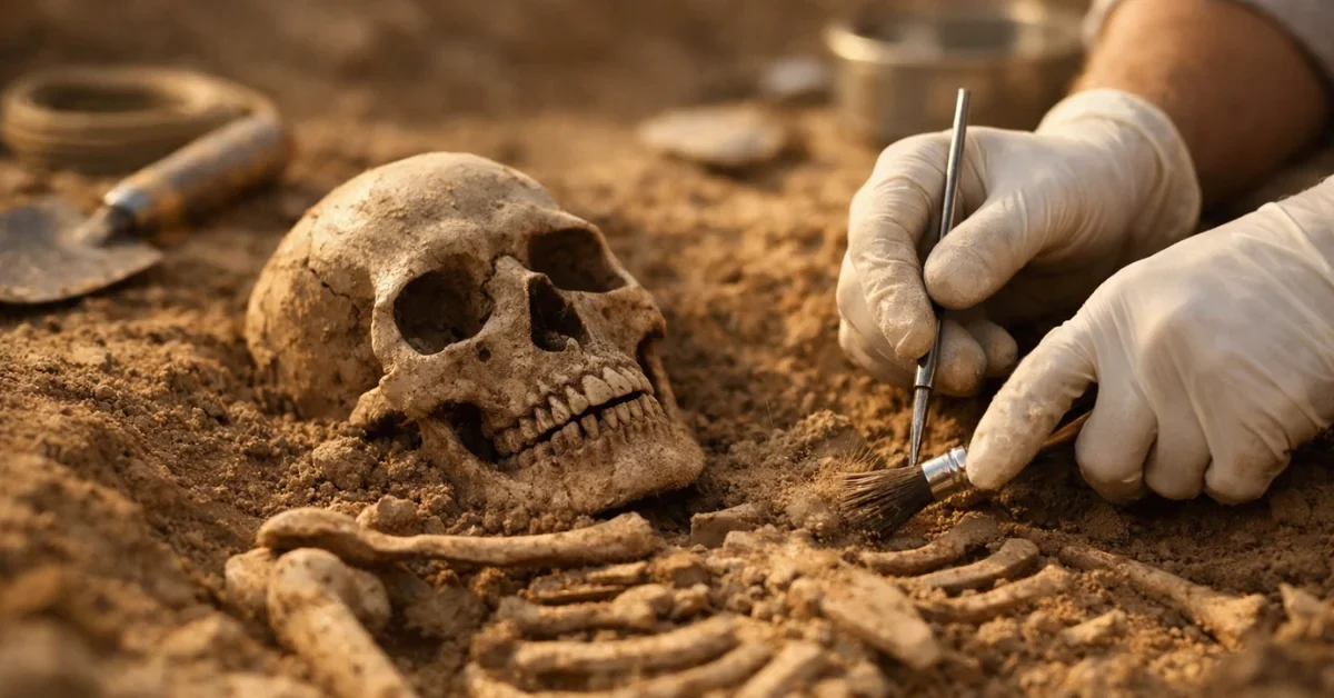 An archaeologist carefully uncovering ancient human skeletal remains at an excavation site, representing a major ancient DNA study on human evolution and natural selection, was published in the Nature journal.