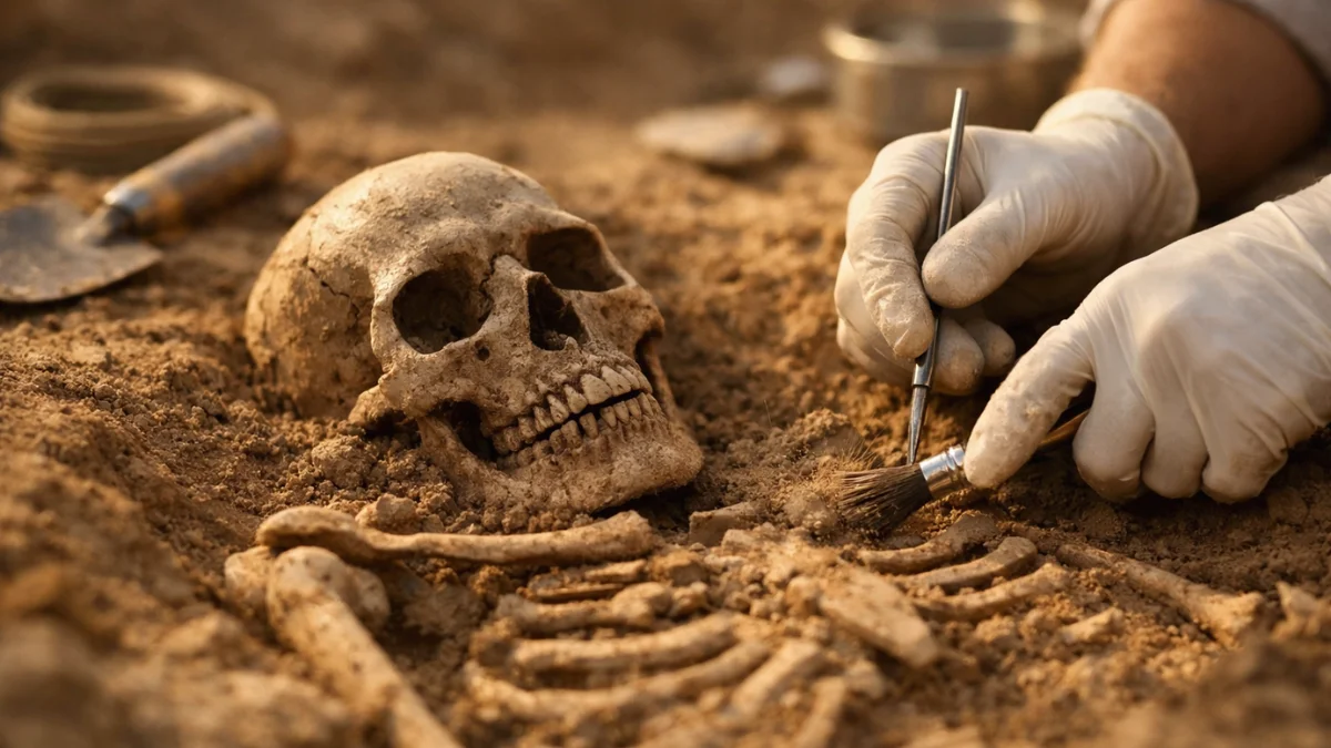 An archaeologist carefully uncovering ancient human skeletal remains at an excavation site, representing a major ancient DNA study on human evolution and natural selection, was published in the Nature journal.