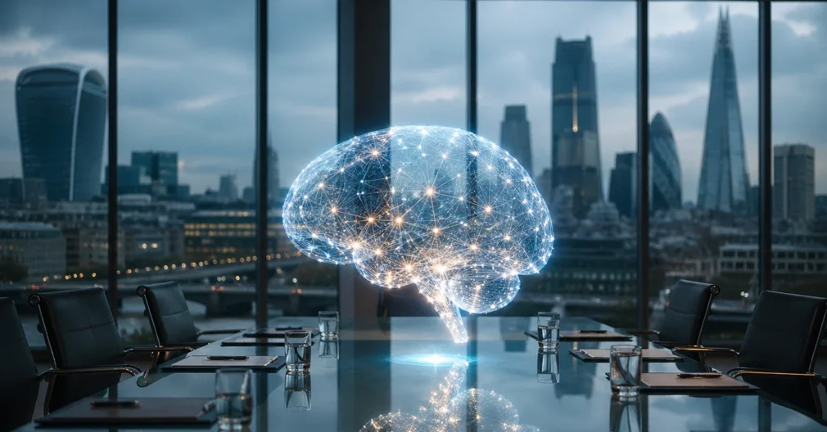 A futuristic glowing artificial intelligence brain floating above a modern glass boardroom table with the London skyline blurred in the background.