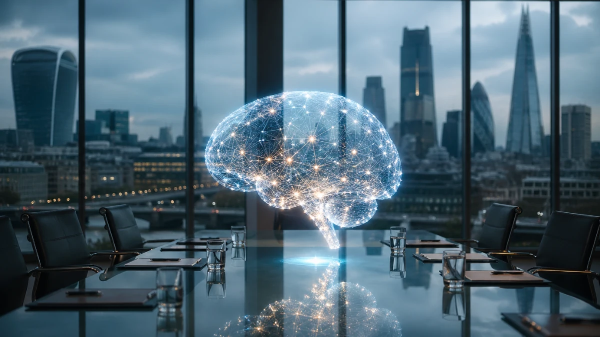A futuristic glowing artificial intelligence brain floating above a modern glass boardroom table with the London skyline blurred in the background.