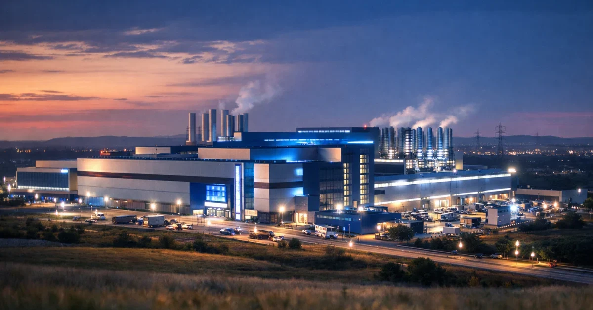 A massive, modern semiconductor fabrication plant illuminated at dusk in a desert landscape, representing the new Terafab project facility.